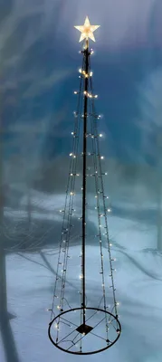 A tall, cone-shaped LED Christmas tree with a star on top, set against a blurred, snowy background.