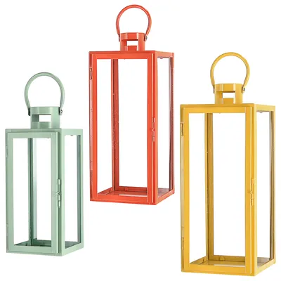 Produktbild von Laterne 3er Set grün orange gelb 3 Größen Metall Glas Windlicht Henkel Dekolaterne Kerzen LED Gartenlaterne Kerzenhalter