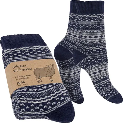 Produktbild von Celodoro Damen & Herren Frottee-Wollsocken mit Muster (1 Paar) - Navy mit Hellgrau 43-46