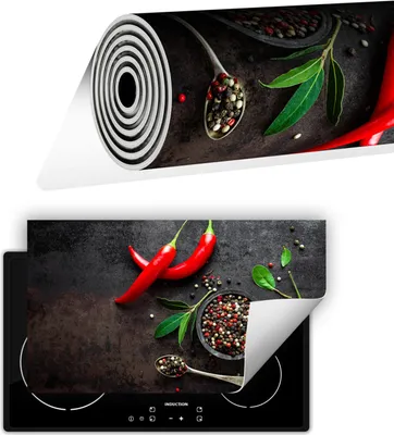 Immagine prodotto di Piastra copri fornelli Piastra copri piano cottura in Vetroceramica 90x52 cm Tappetino antiscivolo Roll-up, spezie Peperoncino