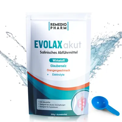 Produktbild von Evolax Akut Schnell wirkendes Abfuehrmittel mit starker Wirkung - Glaubersalz + Geschmack + Elektrolyte - 305g XXL Packung mit Messloeffel - Bei akuten Verstopfungen & zur Darmreinigung