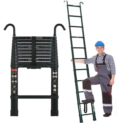 Obrázek produktu pro Hliníková teleskopická žebřík 3,2 m - Typ 3, skládací žebřík - Zesílená konstrukce - Protiskluzová - Odnímatelný hák - Nosnost 150 kg - Černá barva