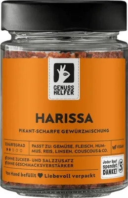 Produktbild von Harissa, fein geschrotet, intensive Schärfe, nordafrikanische Gewürzmischung für heimische und exotische Saucen, 75g im Glas