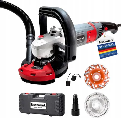 A set of tools for grinding concrete, including a grinder, various discs, a case, and accessories, displayed against a white background.