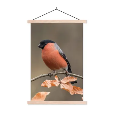Produktbild von MuchoWow® Textilposter Vogel - Laub - Herbst - Gimpel - 60x90 cm mit holzfarbenen Rahmen - Textil