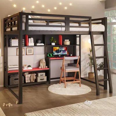 Immagine prodotto di Letto a castello in metallo, dimensioni 140x200, stile gaming, con scrivania, illuminazione LED e scaffali portaoggetti
