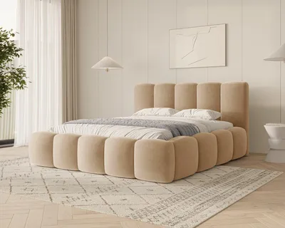 Produktbild von MOEBLO Polsterbett Bubble Bett 18 – Doppelbett Wolkenbett mit Riviera Samt-Velours, gepolstertem Kopfteil, Bettkasten, Gasfedermechanismus und Lattenrost - 140x200 cm - Graubeige (Riviera 24)