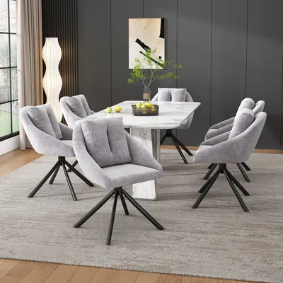 Productafbeelding van Moderne grijze fluweelstoel, stijlvolle en comfortabele draaibare eetkamerstoel, ademend fluweel, ergonomisch ontwerp, elegante grijze draaistoel