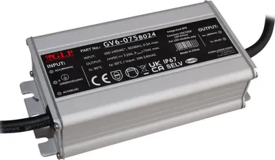 Obrázek produktu pro GV6-075B024: 24V 75W GLP napájecí zdroj, IP67, PFC