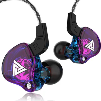 A pair of purple and blue translucent in-ear headphones with black ear tips and cables, set against a white background.
