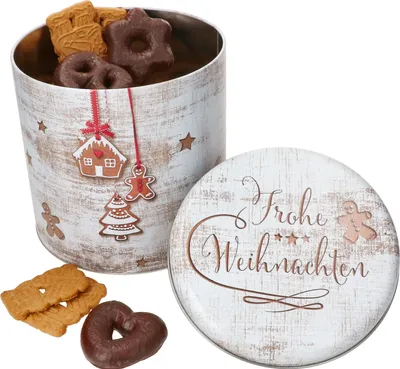 Produktbild von Gebäckdose Frohe Weihnachten rund H20,3cm Metall Plätzchenbox Weihnachtskekse