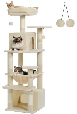 Produktbild von Katzenbaum 136 cm - Kratzbaum für Wohnungskatzen - 6 Ebenen - Doppel-Höhlen - Hängematte & 2 Aussichtsplattformen - 5 Kratzsäulen - Beige