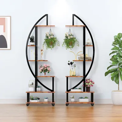 Produktbild von 2 Stück 6 Stufiger Pflanzenständer mit 2 Stück Pflanzenlicht Halbmondförm Blumenständer Pflanzentreppe mit Rädern für Garten Balkon Wohnzimmer