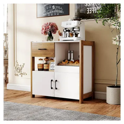 Produktbild von Küchenschrank, Buffetschrank mit 2 Türen und Schubladen, modernes Buffet Sideboard aus Holz, für Küche, Esszimmer und Wohnzimmer, 80 x 31,5 x 82 cm, Natur und Weiß