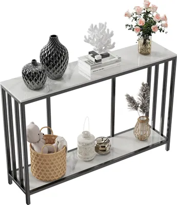 Image de WISFOR Table console d'appoint, Table de couloir moderne Table de salon Étagère de rangement Structure métallique, Plateau de table en marbre, 120x30x78cm