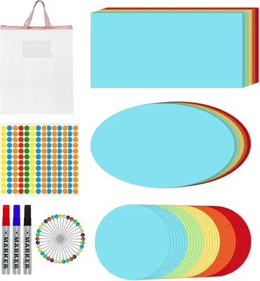 Produktbild von Moderationskartenset bunt, 250 Stück, rund, rechteckig, oval, inklusive Flipchart-Papier, Marker, Pinnnadeln