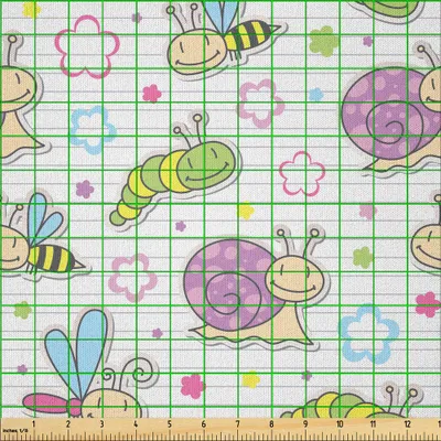 Produktbild von ABAKUHAUS Baby Microfaser Stoff als Meterware , Niedliche Insekten-Schnecke-Raupen-Libellen-Bienen-Blumenfreudiger Spielzimmer-Sommer-Druck, 10 M (230 x 1000 cm), Mehrfarbig