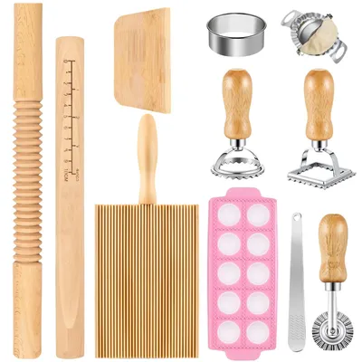 11-tlg. Pasta-Maker-Set: Nudelholz, Gnocchi-Brett, Ravioli-Stempel