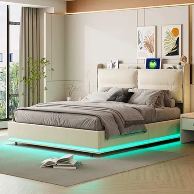Immagine prodotto di Letto matrimoniale imbottito con contenitore - 140x200 cm - Velluto beige