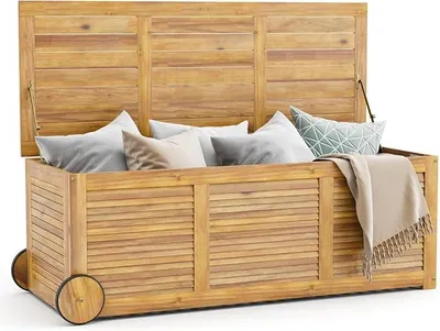 Imagen del producto de Caja de madera para jardín, 2 en 1: sirve como banco y como caja de almacenamiento con tapa impermeable