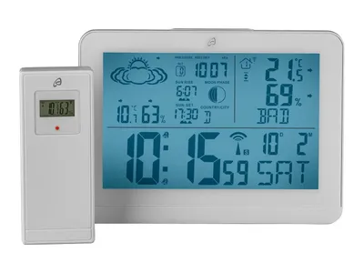 A white weather station with a separate outdoor sensor, displayed on a white background.