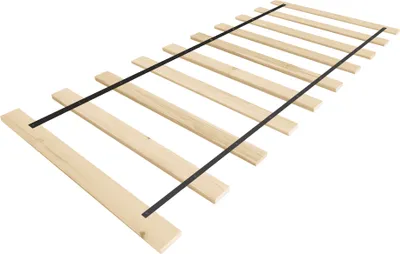 A wooden bed frame slatted base with two black straps holding it together, shown on a white background.