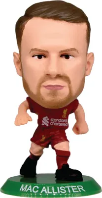 A bobblehead figure of a soccer player on a green base.