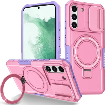 Produktbild von Handyhülle für Samsung Galaxy S22+ 5G Kompatibel mit MagSafe, Robuste Hülle mit Schiebe Kamera Schutz, Magnetischer Ringständer Pink