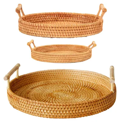 Image de Lot de 3 plateaux de service ronds en rotin tressé à la main, avec poignées, pour le pain, les fruits, les desserts et les collations