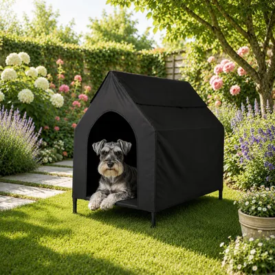 Produktbild von belviona Hundeliege mit Dach, erhöhtes Hundebett für Garten, Terrasse und Balkon, wasserabweisend & belastbar bis 40 kg, 90x65x85 cm, schwarz