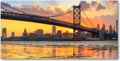 Produktbild von Tulup® Glas-Bild - 100x50 -Wandkunst - Wandbild hinter gehärtetem Sicherheitsglas  - Sehenswürdigkeiten & Architektur - Philadelphia Brücke - Gelb