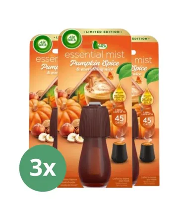 Three Air Wick Essential Mist Pumpkin Spice air freshener refills and diffusers are displayed against a white background.
