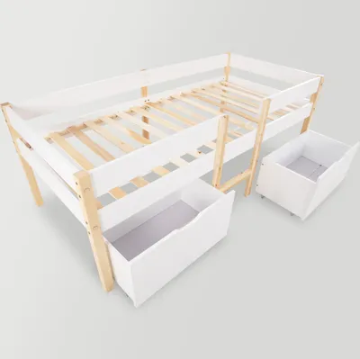 Produktbild von Flieks Kinderbett mit Rausfallschutz und Lattenrost, Kiefernholzbett Hochbett 90x200 cm mit 2 Schubladen, Weiß