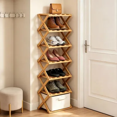 Produktbild von TRANKIELO® – Schmaler, vertikaler Schuhregal – 7-stöckiges Bambus-Aufbewahrungsregal – Freistehend und platzsparend für kleine Räume