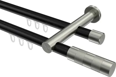 Produktbild von Interdeco Innenlaufstange / Gardinenstange mit Innenlauf Schwarz / Edelstahl-Optik, Typ Platon Mavell (Zylinder Bicolor), 20 mm Ø 2-läufig, 240 cm