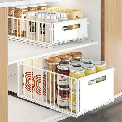 Zdjęcie produktu dla Wysuwany organizer – do szafki kuchennej – zestaw duży + mały – stal – prowadnica ślizgowa – wszechstronne zastosowanie – biały