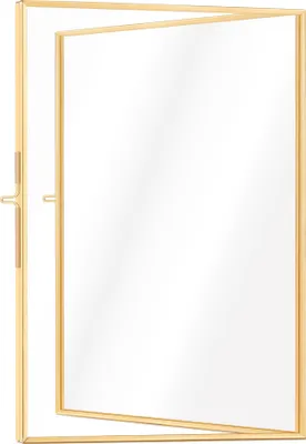 A golden picture frame with one side open, standing on a white background.