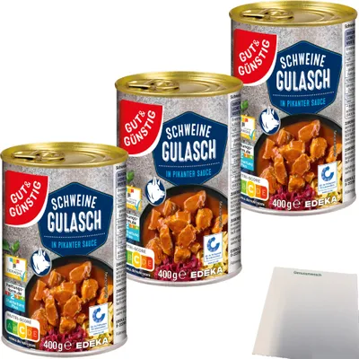 Produktbild von Gut & Günstig Schweine Gulasch in pikanter Sauce 3er Pack (3x400g Dose) + usy Block