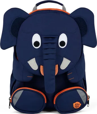 A close-up studio shot of a blue elephant-shaped backpack.
