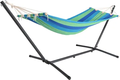Produktbild von Detex Stabhängematte Grün mit Gestell, strapazierfähig, geringes Packmaß, für Outdoor, Garten & Balkon, Baumwolle/Polyester, Metallgestell 119x295x110cm, individuell platzierbar