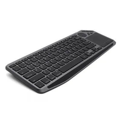 A wireless keyboard with a touchpad is shown against a white background.