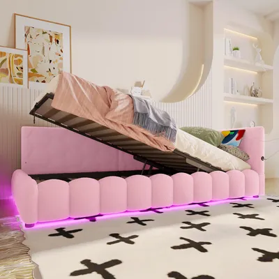 Produktbild von Polsterbett 90x200 cm mit Lattenrost Stauraum & LED - Hydraulisches Daybett Schlafsofa mit USB Typ-C Kopfteil Geräuschlos Ohne Matratze Rosa