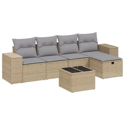 Imagen del producto de Conjunto de sofá de jardín de 6 piezas con cojines, color beige, fabricado en polirratán