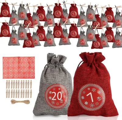 Produktbild von Jayseuw Adventskalender zum Befüllen 2025, 24 Stück Weihnachtskalender, Weihnachtsdeko Säckchen/Tüten, Säckchen DIY Weihnachtsdeko,Rot/Grau