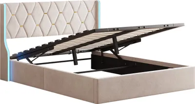 Image de Fortuna Lai Lit capitonné 140x200cm, Lit double de rangement, Espace de rangement relevable hydrauliquement, avec sommier à lattes et espace de rangement, éclairage LED, beige
