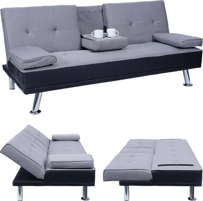 Produktbild von 3er-Sofa HWC-F60, Couch Schlafsofa Gästebett, Tassenhalter verstellbar 97x166cm  Kunstleder/Textil, schwarz/hellgrau