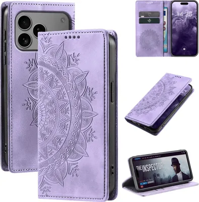Produktbild von Mandala Handyhülle für Apple iPhone 17 Pro RFID Schutz Klapphülle Case Cover Design Schutzhülle Farbe: Violett