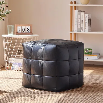 Produktbild von Quadratischer Boho-Lederhocker als leichte Fußbank für Wohnzimmer, Schlafzimmer und unter dem Schreibtisch, kreativer japanischer Sitzpuff in Schwarz, 40 x 40 x 37 cm (16 x 16 x
