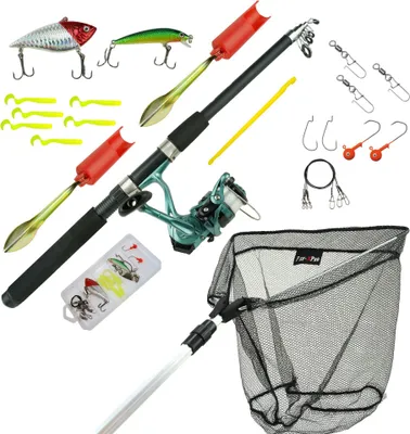 Produktbild von Fish-Xpro Allround-Angelruten-Set 2,10 m – Wurfrolle mit Nylon – Kescher 40 x 40 – Rutenhalterung – Tackle-Box mit Zubehör