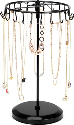 Produktbild von Schwarzes Metallenes Drehkreuz Schmuckhalter Display Standard (23 Haken) – H34,8 x B20,5 cm – Regal Organizer Turm – Aufbewahrung Für Halsketten & Armbänder, Ringe & Ohrringe